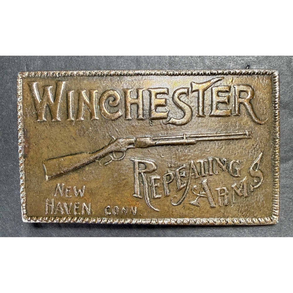 Winchester Belt Buckle Brass Repeating Arms Rifle Vintage Patina
